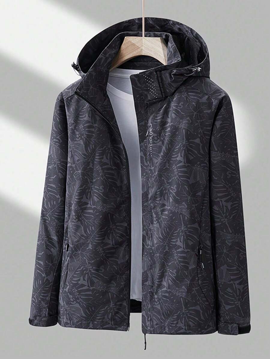 女款植物印花束口罩連帽防風夾克，戶外運動運動夾克 - 黑色 - 查看 1