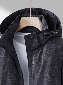 女款植物印花束口罩連帽防風夾克，戶外運動運動夾克 - 黑色 - 查看 2