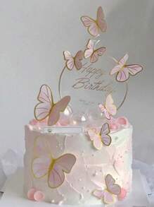 10pcs Butterfly Shaped Cake Decoration For Birthday, Baking, Pink - Purple - View 9