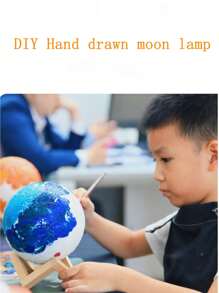 Diy塗鴉月亮夜燈-20公分【包含顏料、刷子+支架】兒童手工創意裝飾,情人節禮物,幼稚園親子活動材料包,禮品 - 20cm塗鴉月球燈+支架 - 查看 3