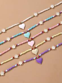 5pcs/Set Bohemian Beach Style Heart & Flower Beaded Pendant Necklace Set, For Daily & Holiday Wear - Multicolor - View 4