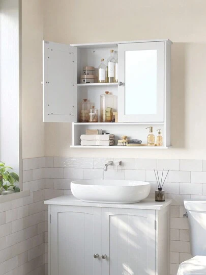 VASAGLE Bathroom Cabinet With Mirror, Wall Cabinet With 2 Mirrored Doors And Open Compartment, Adjustable Shelf, Wall-Mounted, 15 X 65 X 75 Cm, White