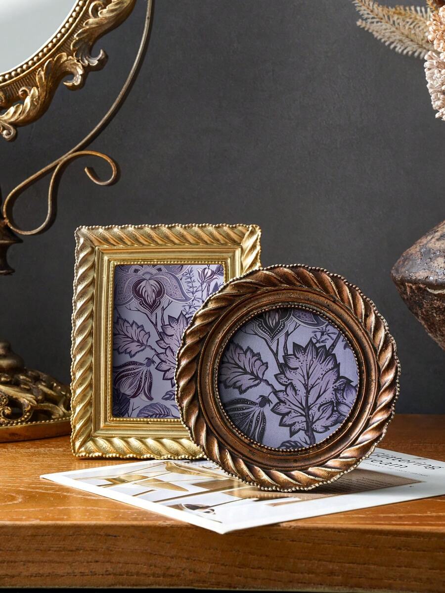 1pc Vintage Spiral Pattern Resin Photo Frame, Antique Gold Decorative Painting Picture Frame, Suitable For Home Table Decor Gifts Birthday Graduation - Multicolor - View 1