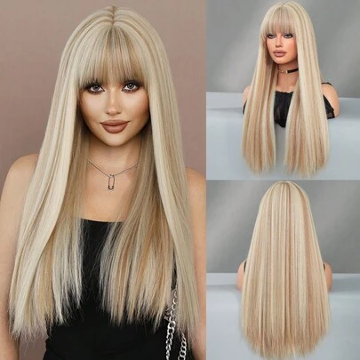 7JHH WIGS 24 Inch Long Straight Linen Blonde Wig For Women Mixed Brown Highlight, Gorgeous Fluffy Synthetic Wig With Bangs Natural Appearance Very Soft Synthetic Heat Resistant Fiber Hair, Beautiful Full Machine Hair Wig Suitable For Fashion Girls Daily,Anime Or Costume Cosplay Decoration,Music Festival Dance Party Street Wear Use, Mother's Day Gifts