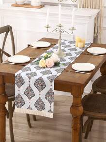 Miater 1入組波西米亞風格帶流蘇裝飾的防水桌布，亞麻印花圖案 - 白色 - 查看 5
