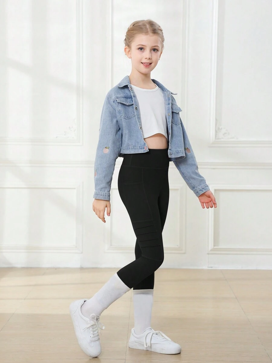 Tween Girl Yoga Leggings With Pockets, Compression Athletic Pants - Black - View 1