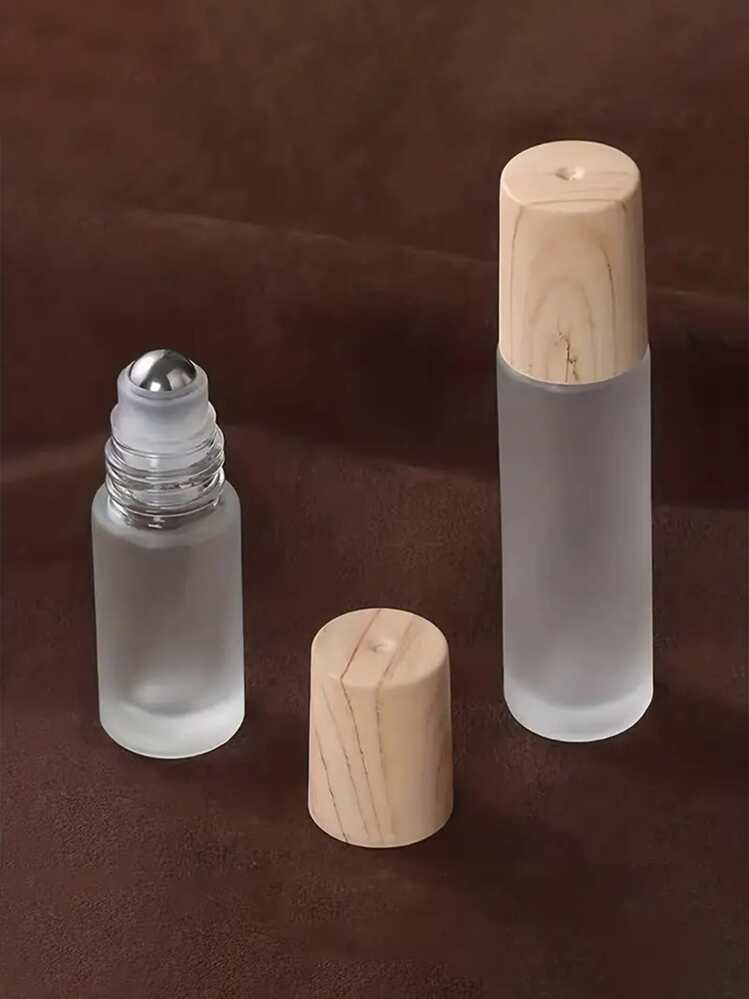 Refillable Frosted Glass Vial, Essential Oil Bottle, Roller Bottle With Stainless Steel Ball, Wood Grain Lid, Empty Travel Perfume Bottle (0.17/0.34OZ, 5/10ml) Travel Essentials Travel Organizer For Beach Summer Vacation Back To School School Supplies Holiday Camping Holiday Essentials Accessories Mini Perfume For Women Perfume For Men Travel Accessories Travel Must Haves School Accessories Stuff Back To School Supplies - Clear - View 1