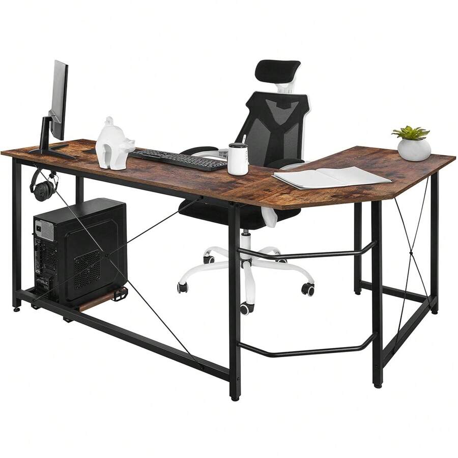 66 Inch Modern L-Shaped Home Office Desk With Iron Hook, Sturdy Computer PC Laptop Table Corner Desk Workstation Larger Gaming Desk Easy To Assemble - Brown - View 1