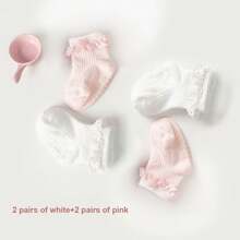 4 Paia/set Calzini Antiscivolo Per Bambini, Calzini Antiscivolo In Pizzo Tinta Unita Per Neonati E Bambini, Calzini Da Pavimento Per Bambini Per La Primavera E L'autunno - Multicolore - Visualizzare 2