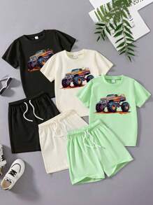 Young Boy 3pcs Car Print Short Sleeve T-Shirt And 3pcs Drawstring Shorts Set