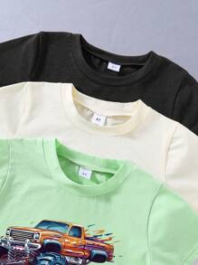 Young Boy 3pcs Car Print Short Sleeve T-Shirt And 3pcs Drawstring Shorts Set