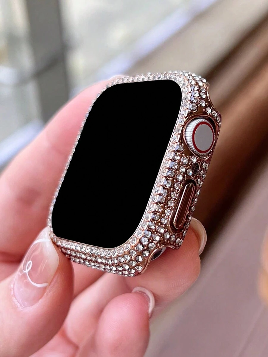 1pc Rose Gold Shiny Crystal Diamond Decor Dual-Use Anti-Drop Ultra-Thin Tempered Glass Protective Case, Compatible With Apple Watch 38/40/41/42/44/45/46mm, Compatible With Apple Watch Series SE/11/10/9/8/7/6/5/4/3/2/1, Smart Watch Protective Case Accessory