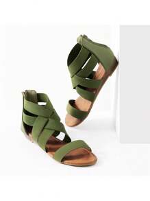 Women's Elastic Ankle Strap Low Wedges Sandals Casual Dressy Summer Flat Sandals Cute Gladiator Shoes - 軍綠色 - 查看 10