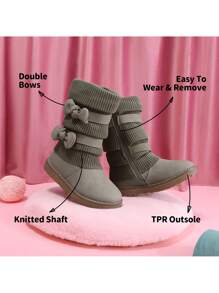 Girl's Mid Calf Snow Boots With Bow, Lined Warm & Comfortable Winter Boots - Xám - Xem 7