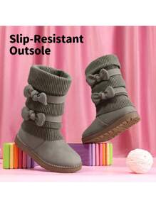 Girl's Mid Calf Snow Boots With Bow, Lined Warm & Comfortable Winter Boots - Xám - Xem 5