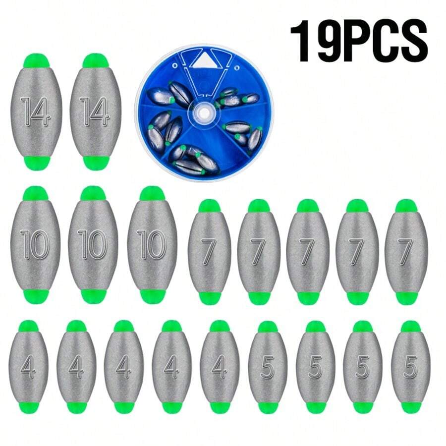 19入組/套釣魚鉛錘釣線重量鉛錘4g 5g 7g 10g 14g附帶收納盒橄欖形內芯釣魚鉛錘裝配（盒子顏色隨機） - 灰色 - 查看 1