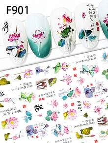 2片風古董美甲貼紙,自粘蓮花和中文字美甲貼紙,蓮花風景設計美甲貼紙裝飾貼紙,美甲用品 - 彩色 - 查看 4