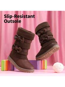 Girl's Mid Calf Snow Boots With Bow, Lined Warm & Comfortable Winter Boots - 棕色 - 查看 5