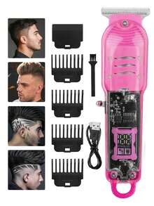 透明電動剪髮器,具 Lcd 數字顯示屏、專業剪髮器、油光減退裝置、充電式剪髮器套裝 - 玫紅色 - 查看 1