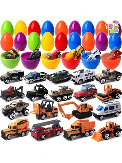 18 piezas de huevos de Pascua gigantes rellenos de coches y camiones de ciudad de resorte de juguete, decoración de habitación de huevo relleno previamente
