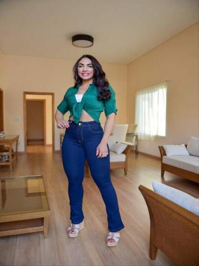 CALCA JEANS FLARE FEMININA CINTURA ALTA COM LYCRA