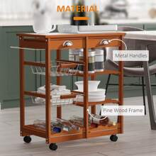 HOMCOM Rolling Kitchen Cart, 2-Drawer Utility Pine Wood Trolley With 2 Baskets, 6-Bottle Wine Rack & Tile Top - Yellow - View 8