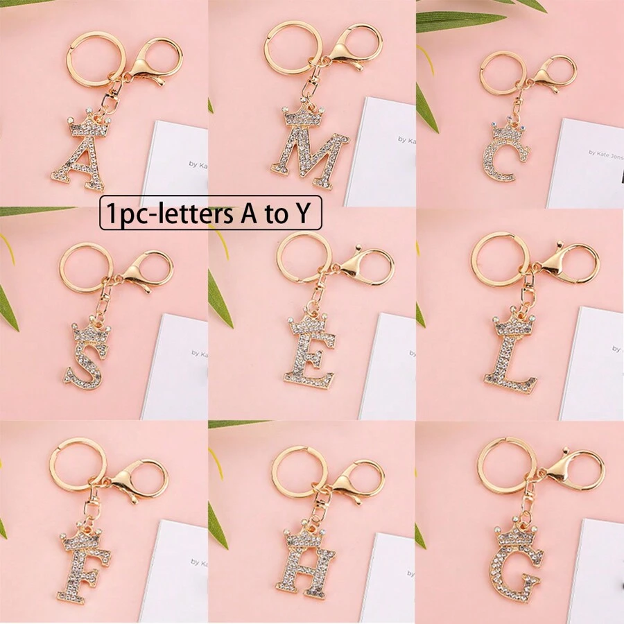 1入鍵盤金屬合金鑲嵌25個英文皇冠字母鑰匙扣時尚鑽石鑰匙扣閃閃發光的鑽石鑰匙扣手袋吊飾情人節禮物適用於男女士及女孩作為禮物字母A到Y鑰匙扣 - 金色 - 查看 1