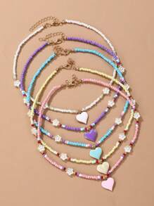 5pcs/Set Bohemian Beach Style Heart & Flower Beaded Pendant Necklace Set, For Daily & Holiday Wear - Multicolor - View 1