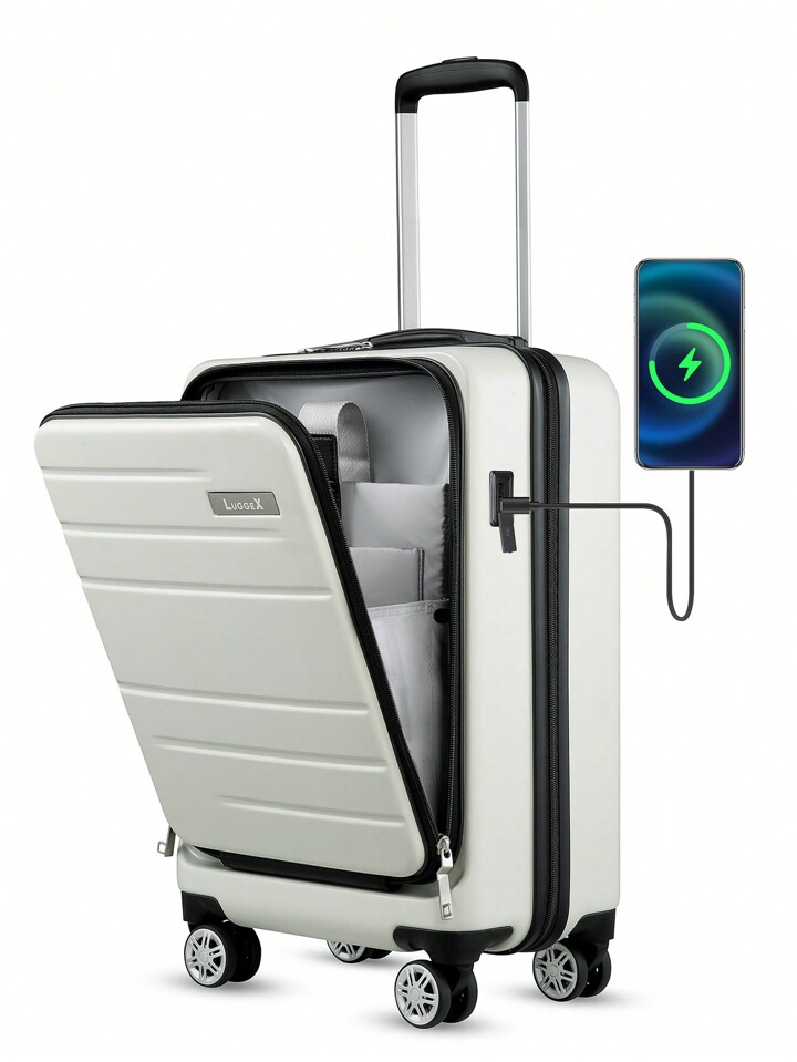 20 Inch Carry On Luggage With Front Pocket Polycarbonate Hard Shell Suitcase With USB Port Without Expanded