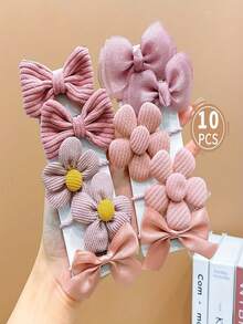 10入組女童蝴蝶結髮夾，公主風花朵布飾髮夾，髮飾配件，不傷頭髮 - 粉色 - 查看 1