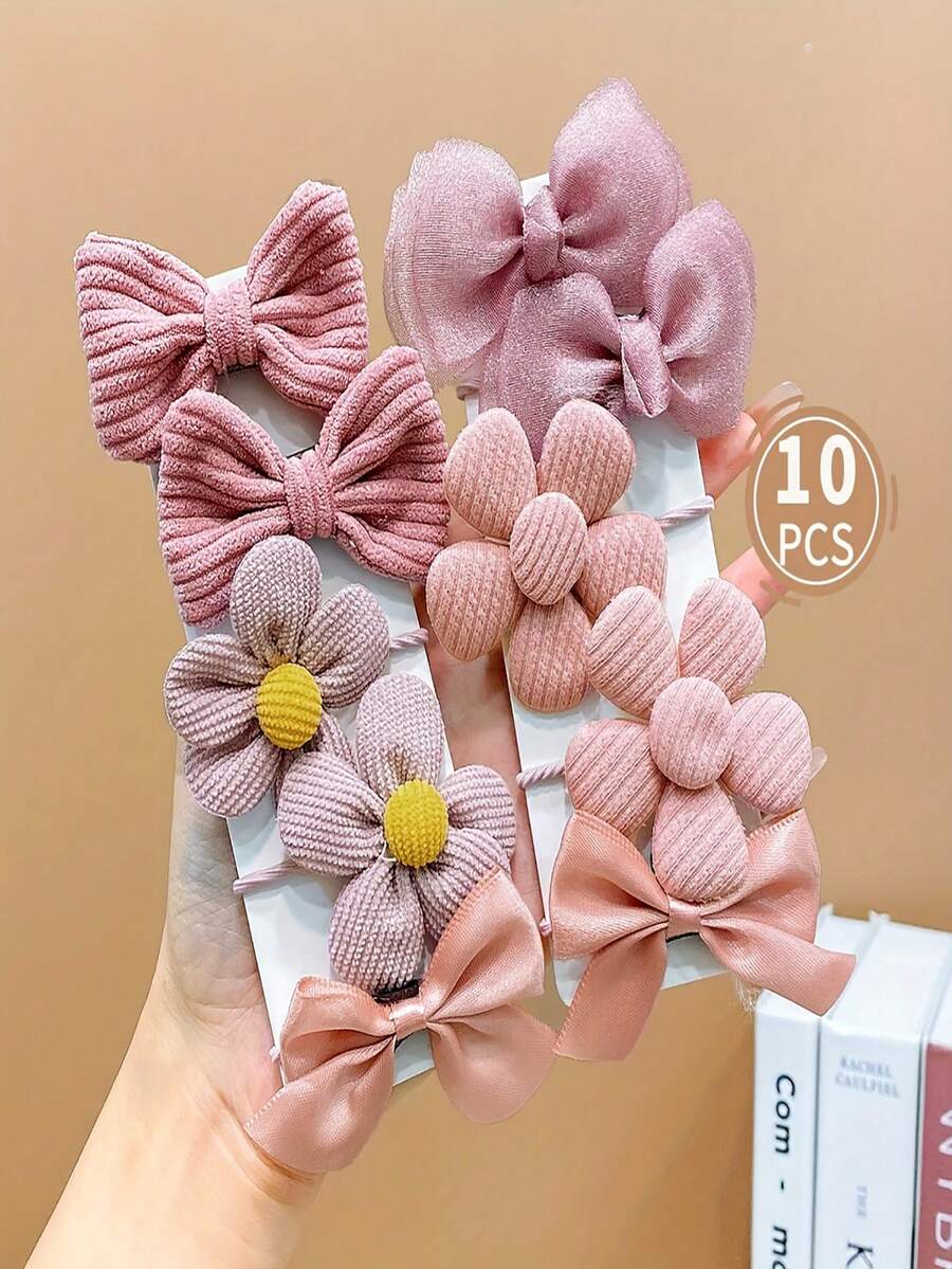 10入組女童蝴蝶結髮夾，公主風花朵布飾髮夾，髮飾配件，不傷頭髮 - 粉色 - 查看 1