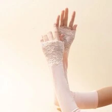 1pair Ladies' Lace Contrast High Elasticity Soft Arm Sleeves With Uv Protection And Cooling Function, Perfect For Sunblock, Cycling, Driving, Golf, Running Halloween Valentine's Day Valentines