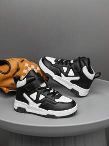 1 双儿童高帮运动鞋滑板鞋，室内户外休闲时尚钩环扣易穿脱轻便防滑耐用拼接黑白鞋带有圣诞元素 - 黑色 - 查看 5