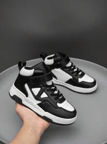 1 双儿童高帮运动鞋滑板鞋，室内户外休闲时尚钩环扣易穿脱轻便防滑耐用拼接黑白鞋带有圣诞元素 - 黑色 - 查看 4