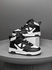 1 双儿童高帮运动鞋滑板鞋，室内户外休闲时尚钩环扣易穿脱轻便防滑耐用拼接黑白鞋带有圣诞元素 - 黑色 - 查看 3