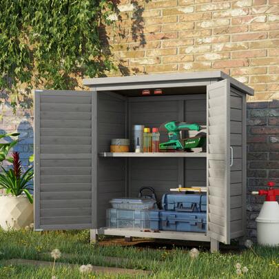 Outsunny Garden Shed Wooden Garden Storage Shed 2 Door Unit Solid Fir Wood Garage Tool Organisation Cabinet, 87L X 46.5W X 96.5Hcm
