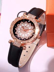 3pcs/Set Fashionable Minimalist Versatile Women's Quartz Watch With Round Dial, Casual Wear, Comes With Rhinestone Heart-Shaped Bracelet Set, Suitable For Vacation And Daily Wear