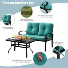 Gymax 2PCS Patio Loveseat & Table Set Conversation Sofa Set W/ Turquoise Cushions