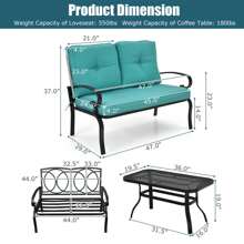 Gymax 2PCS Patio Loveseat & Table Set Conversation Sofa Set W/ Turquoise Cushions