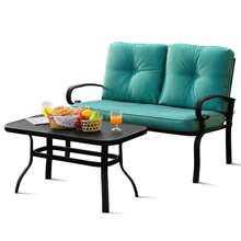 Gymax 2PCS Patio Loveseat & Table Set Conversation Sofa Set W/ Turquoise Cushions