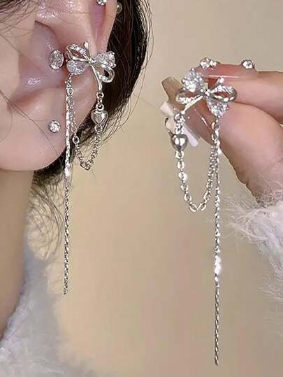 1pair High-End Luxury Bowknot & Rhinestone & Tassel Non Pierced Clip On Earrings For Women