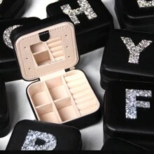 1pc Diamond Shining Letter Shaped Jewelry Box, Large Capacity With Soft Velvet Interior, Waterproof Pu Leather For Women's Travel Outdoor Carry - White - View 4