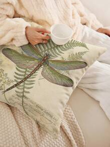1pc Vintage Plant & Dragonfly Pattern Printed Pillow Cover, Single-Sided Printing, Modern Home Decorative Pillow Case(Does Not Include Filling)