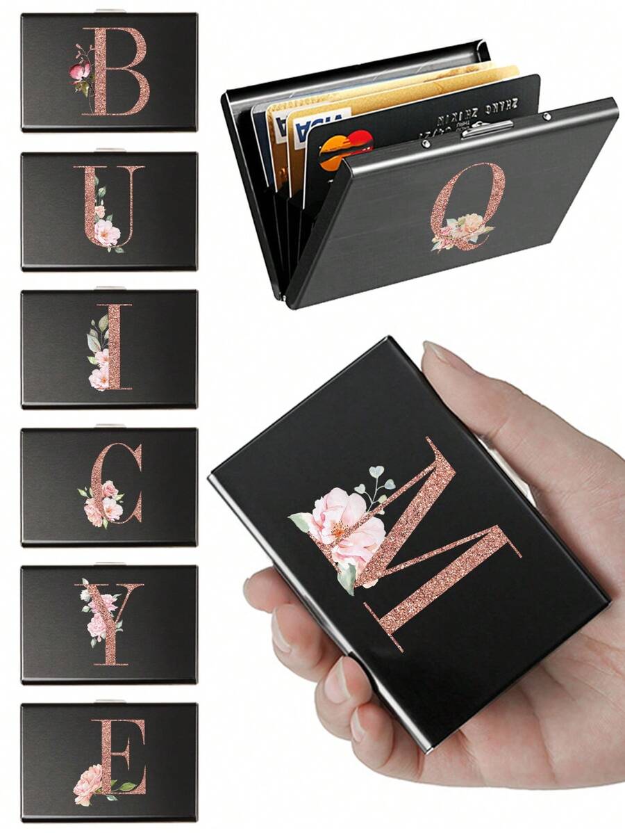 1 件超薄卡片盒玫瑰金首字母名称 A 到 Z 图案钱包 ID 银行 Malist 薄铝金属钱包银行卡盒钱包男士金属 S 收纳盒卡夹钱包名片夹信用卡夹女士男士迷你钱包卡片钱包射频识别钱包 - 黑色 - 查看 1