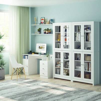 Furchen 190cm Wooden Bookcase, Freestanding Storage Bookshelf Cabinet With 4 Glass Doors 80 X 33 X 190 Cm Shipping In 2 Packages