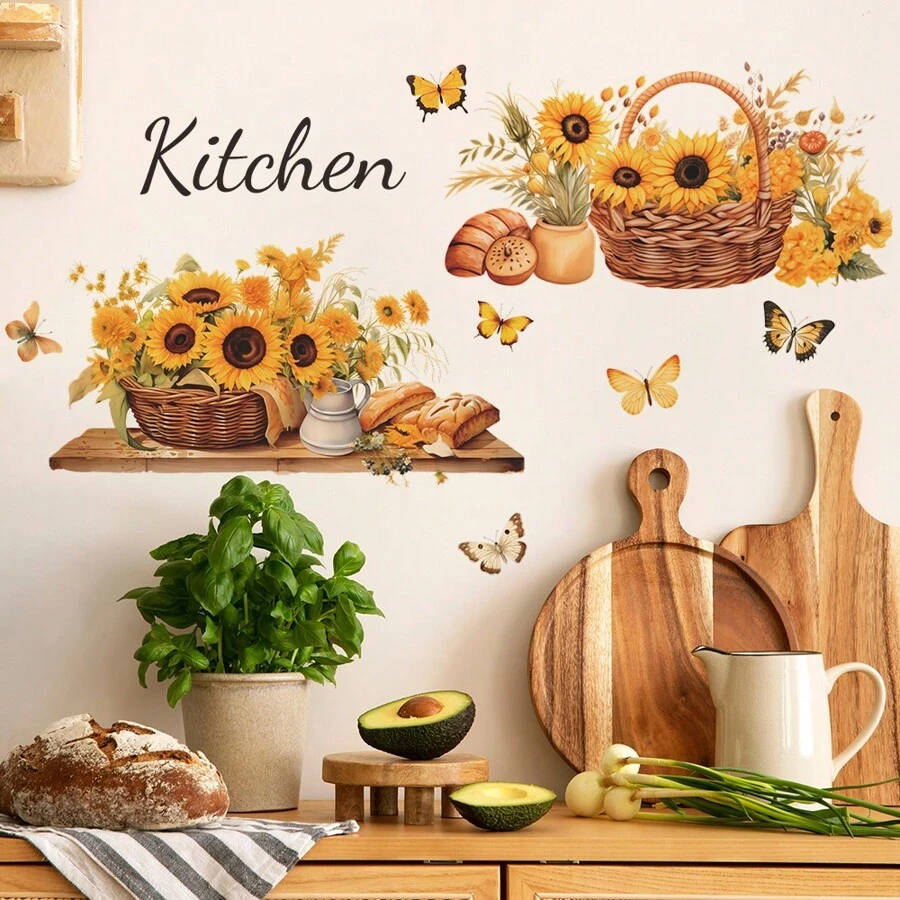 1 set (2 piezas) Pegatinas de pared con girasol, flor y mariposa para la cocina, pegatinas, vinilos decorativos para el hogar, artículos de decoración de primavera para refrescar tu hogar, pegatinas de decoración de ramas, regalos para cumpleaños, graduación, decoración de cocina - Multicolor - Ver 1
