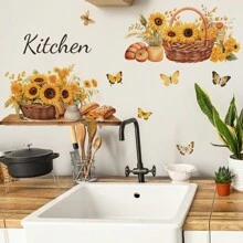 1 set (2 piezas) Pegatinas de pared con girasol, flor y mariposa para la cocina, pegatinas, vinilos decorativos para el hogar, artículos de decoración de primavera para refrescar tu hogar, pegatinas de decoración de ramas, regalos para cumpleaños, graduación, decoración de cocina - Multicolor - Ver 4