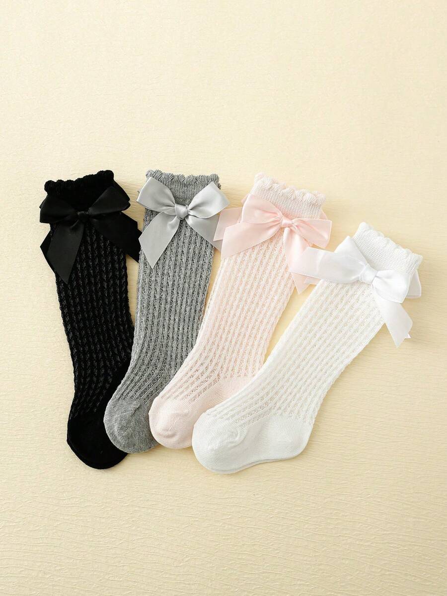 4 Pares De Calcetines Para Niñas Con Lazo De Malla Hasta La Mitad De La Pantorrilla, Nuevo Modelo De Primavera/verano - Multicolor - Ver 1