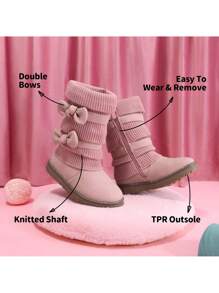 Girl's Mid Calf Snow Boots With Bow, Lined Warm & Comfortable Winter Boots - Hồng - Xem 7