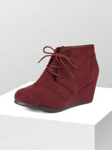 Women's Wedge Boots Casual Fashion Lace Up Low Heel Ankle Booties Shoes - 深紅 - 查看 1